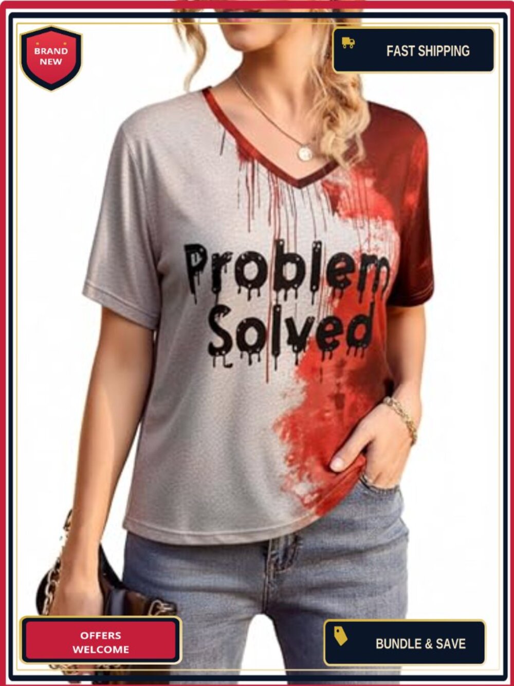 Women's Problem Solved Bloody Shirt Funny Halloween V-Neck Blood Stain Top